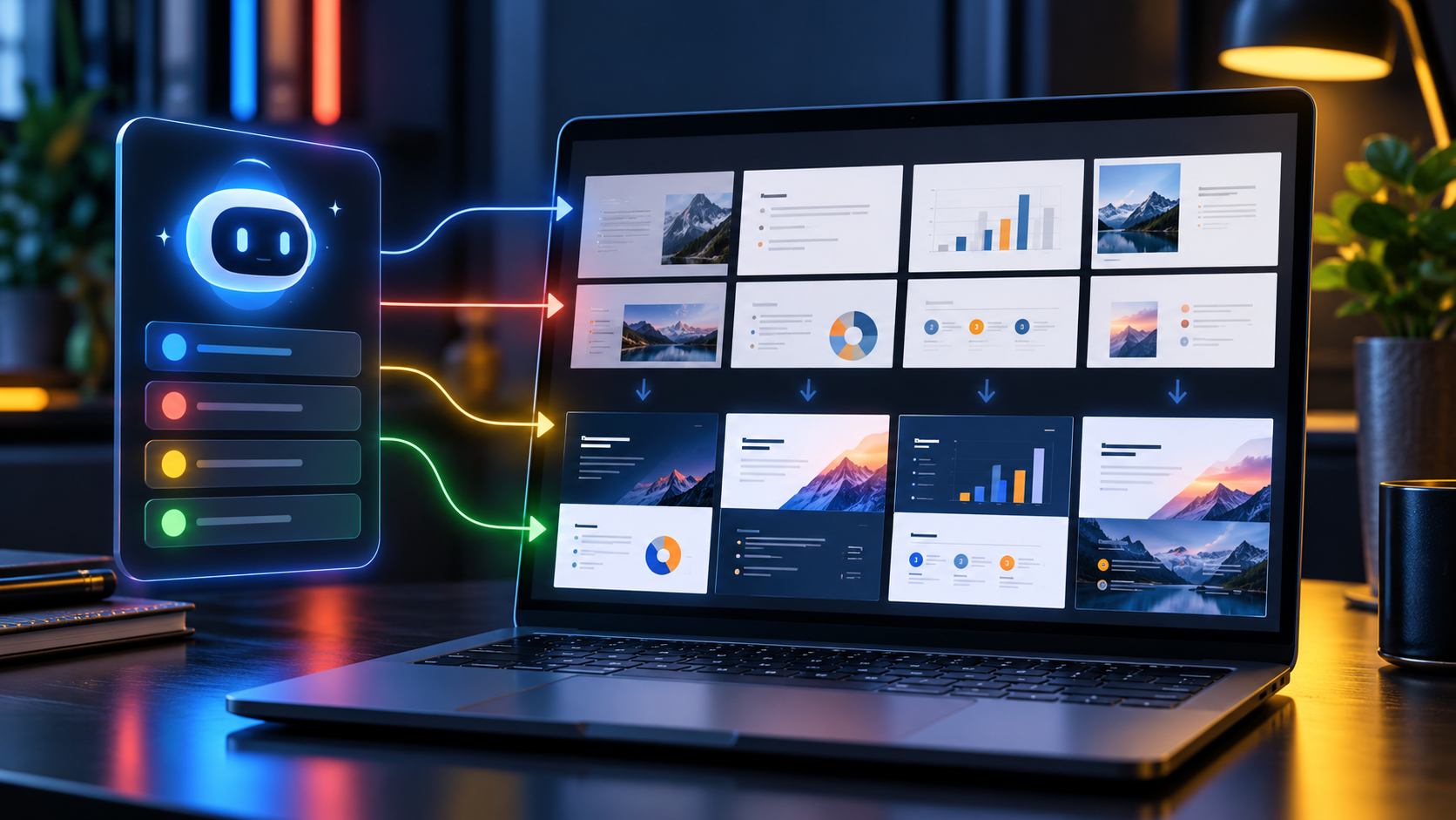 Laptop showing an AI assistant applying coordinated edits across a grid of presentation slides.
