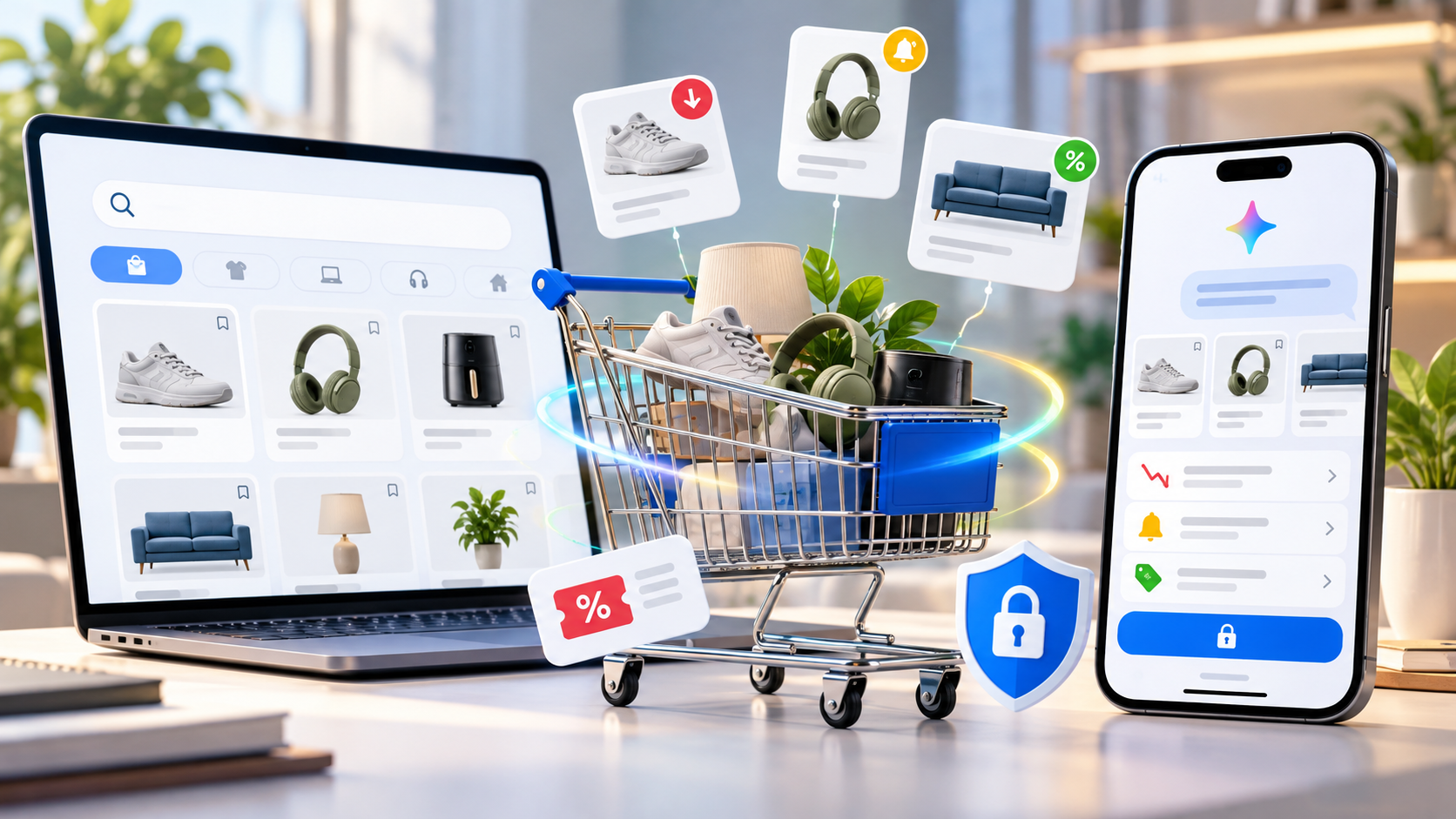 Laptop and smartphone showing a universal shopping cart with price alerts promo codes and secure checkout