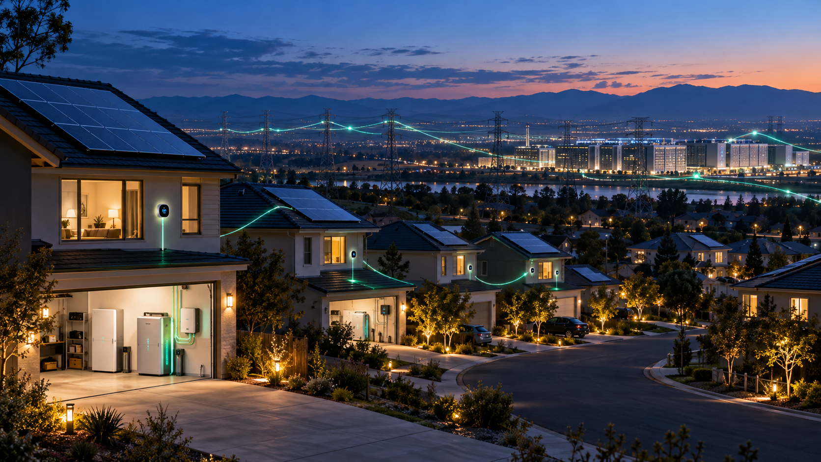Smart homes with solar panels and batteries connected to the power grid and a distant data center at dusk