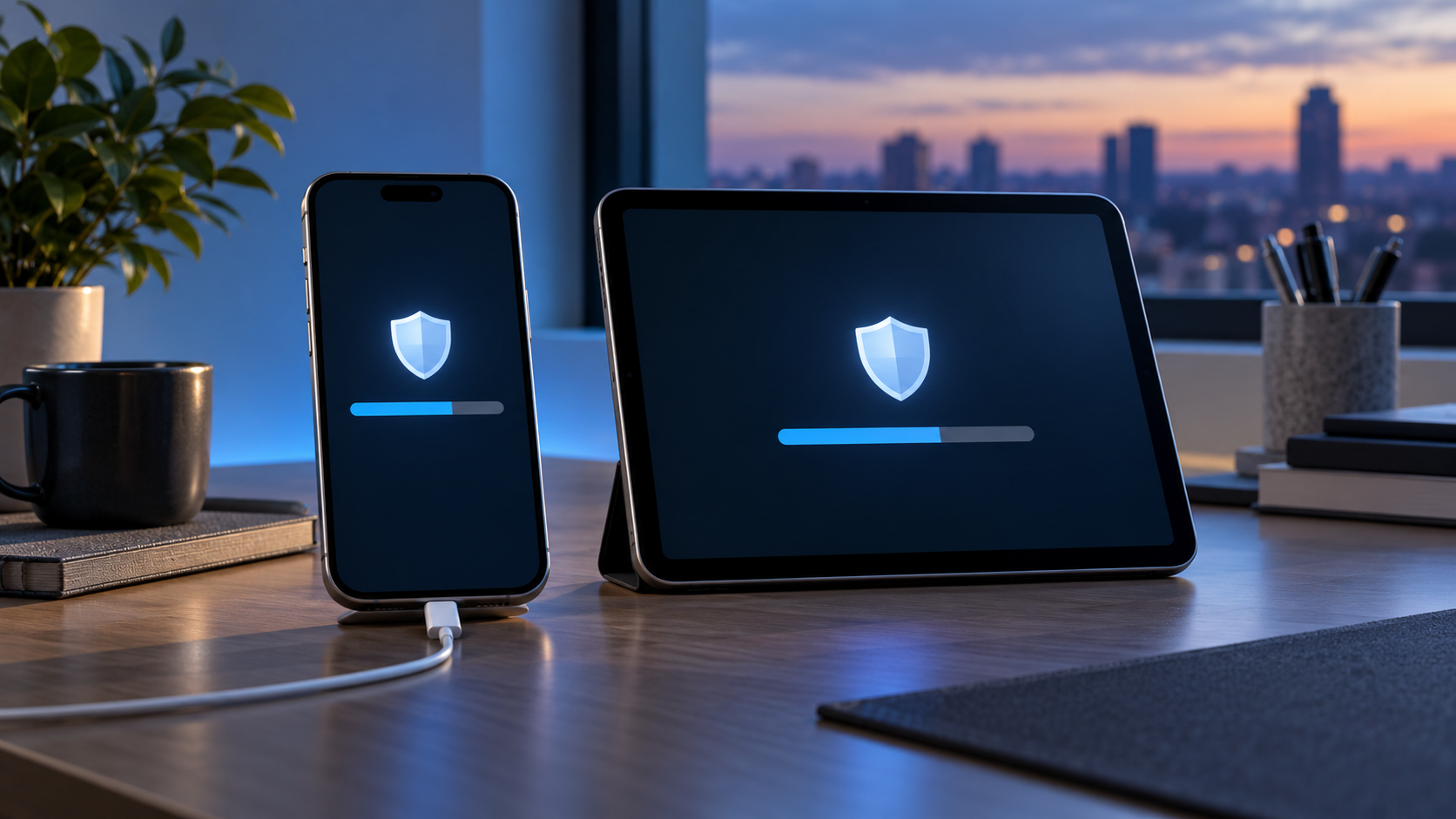 Smartphone and tablet installing a security update beside a charging cable on a blue-lit desk
