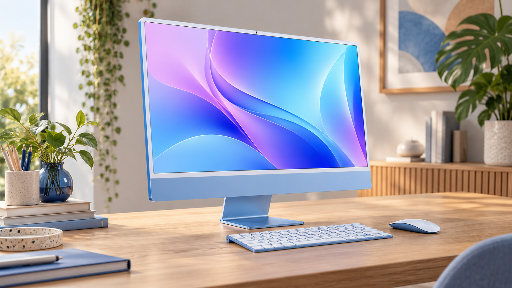 Slim blue all-in-one desktop with colorful abstract display, matching keyboard and mouse on a light wood desk