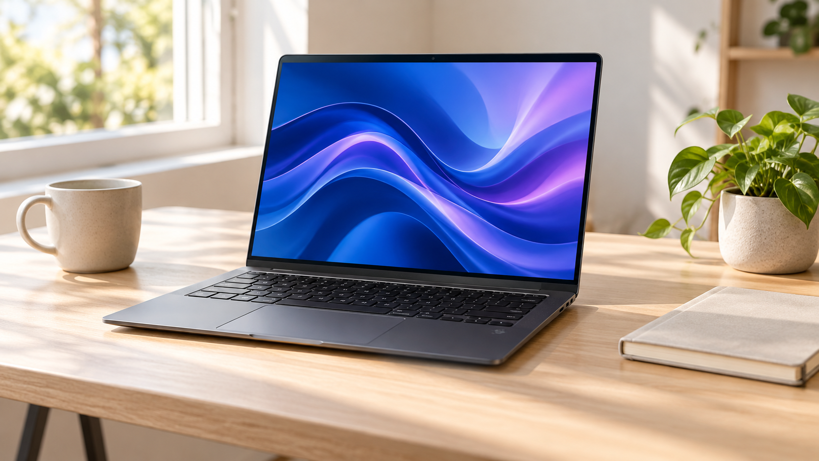Dark professional laptop with blue and violet abstract display on a sunlit wood desk