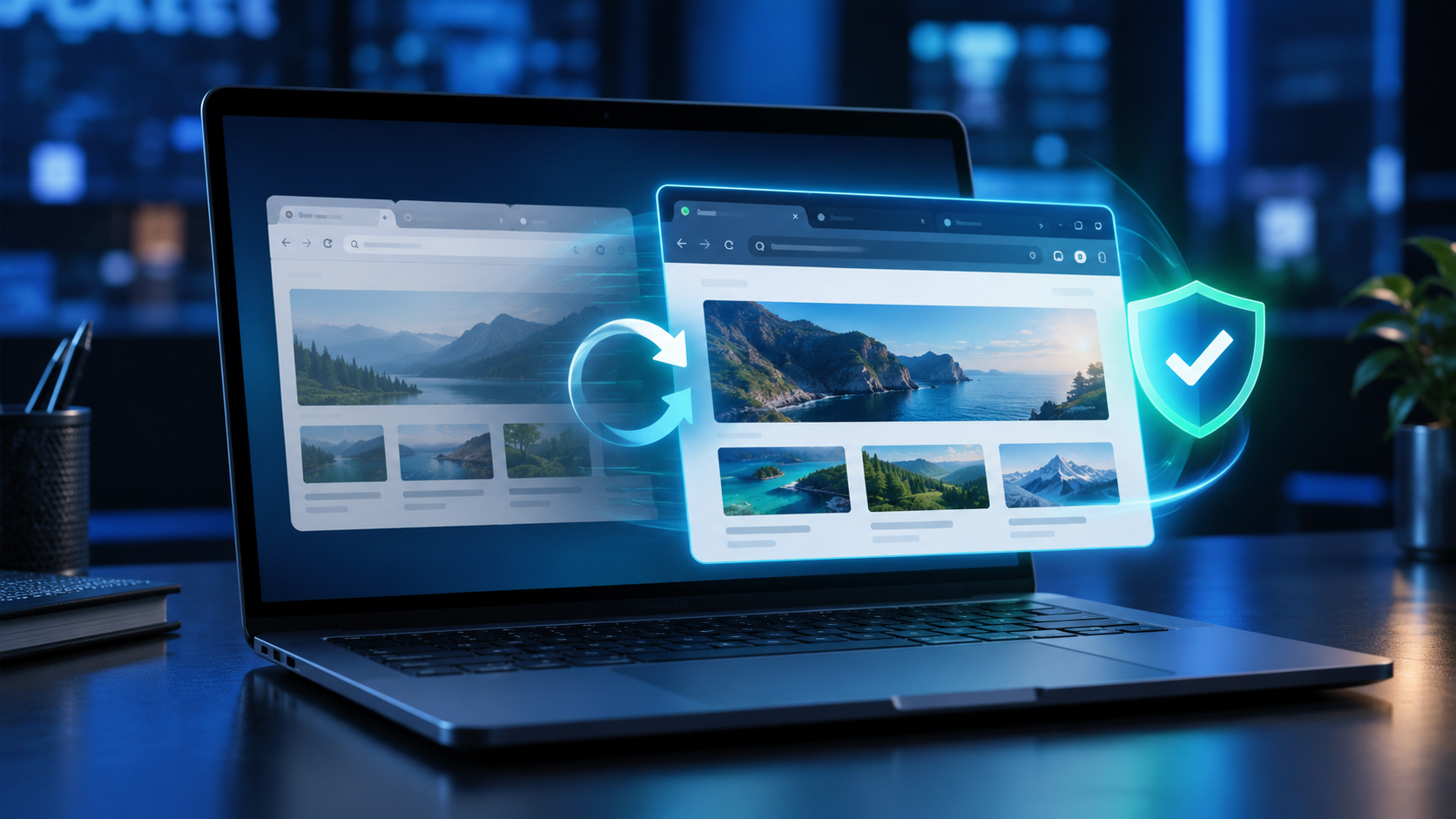 Laptop browser updating in the background while preserving open tabs and adding security protection