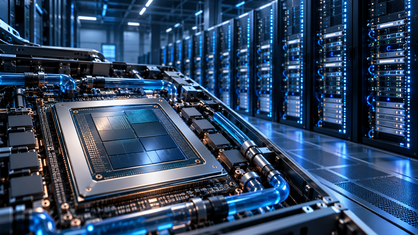 Concept visualization of a chiplet-based AI accelerator inside a liquid-cooled datacenter