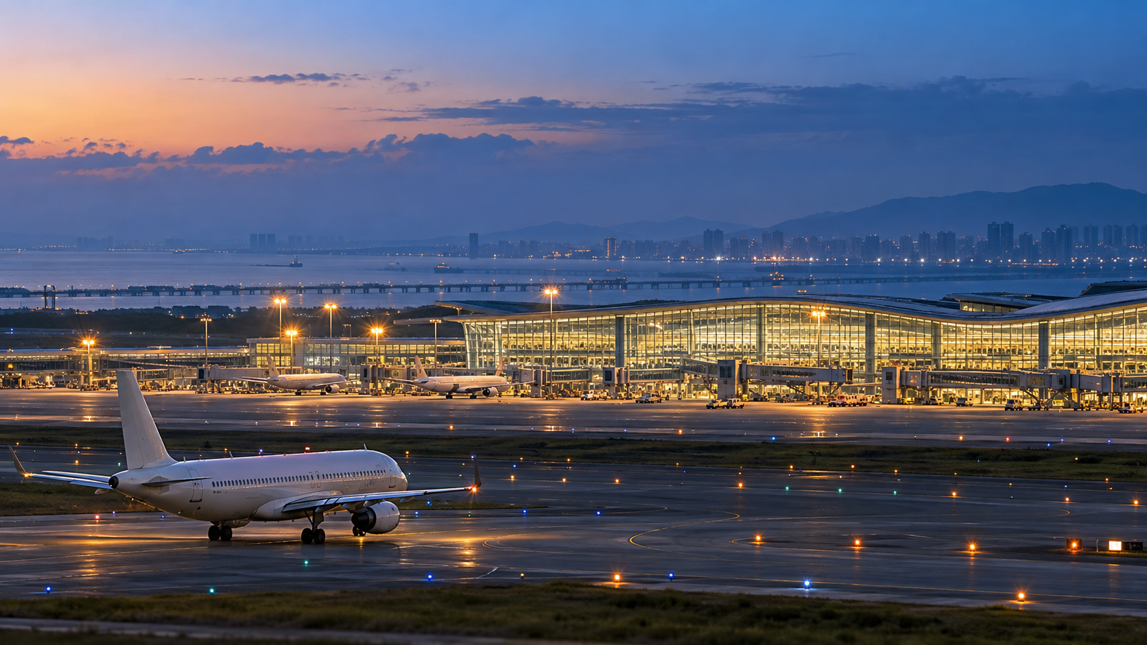 Unbranded passenger aircraft taxis beside a modern airport terminal with runway lights and a coastal skyline at blue hour