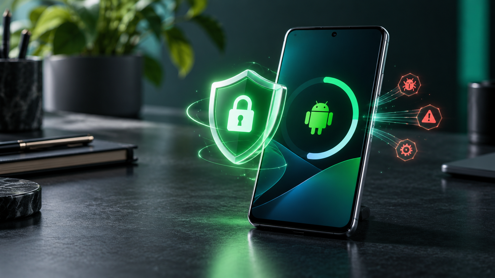 Android phone protected by a glowing security shield during the October 2026 security update