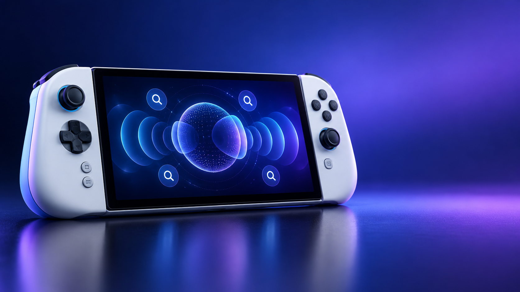 Handheld remote gaming device showing 3D audio and search update graphics