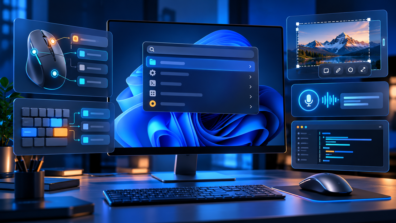 Windows desktop surrounded by mouse, keyboard, command palette, dictation and automation utility controls