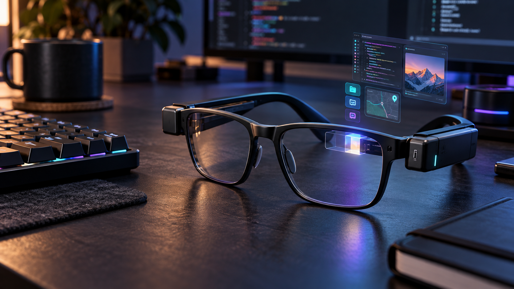 Conceptual black Linux smart glasses on a developer desk with a glowing right-eye display and floating app windows