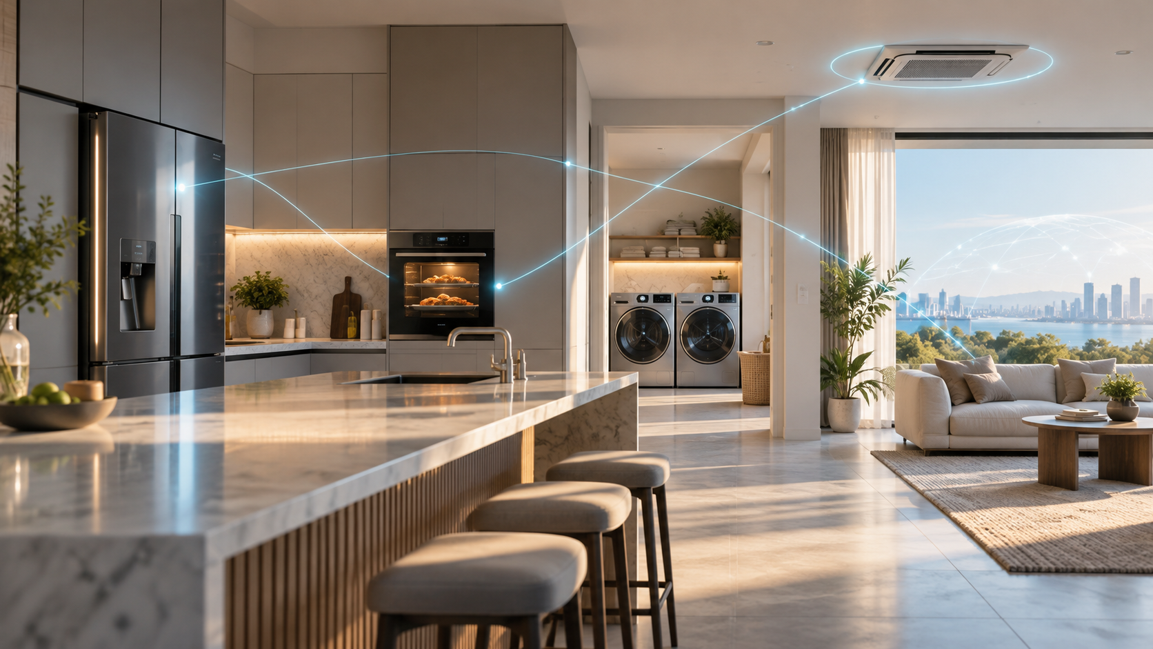 Connected kitchen, laundry and air conditioning appliances linked by subtle blue smart-home signals