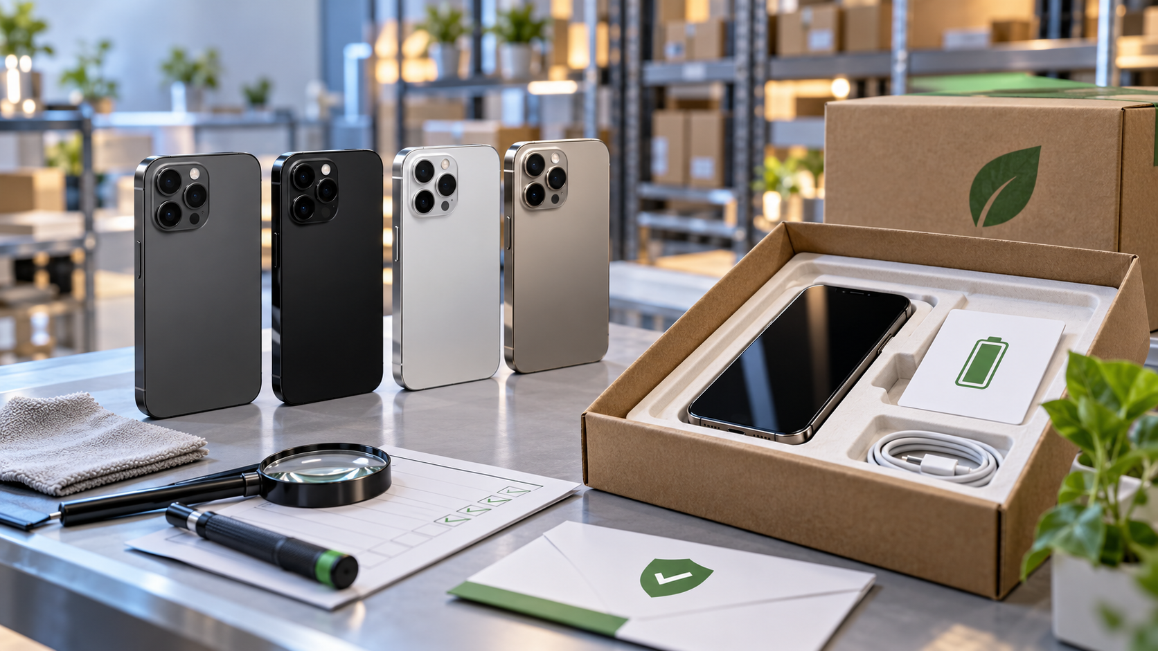 Refurbished smartphones at an inspection station beside recyclable packaging, quality checks and warranty materials