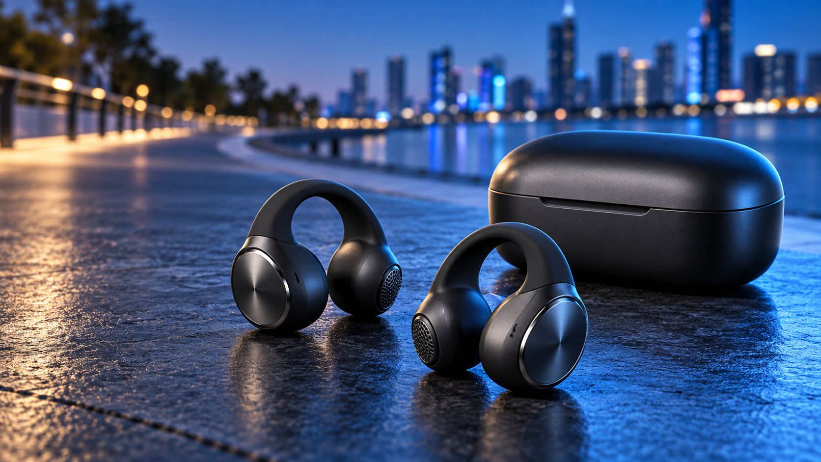 Black clip-on open-ear earbuds and charging case beside a blue-lit city running path