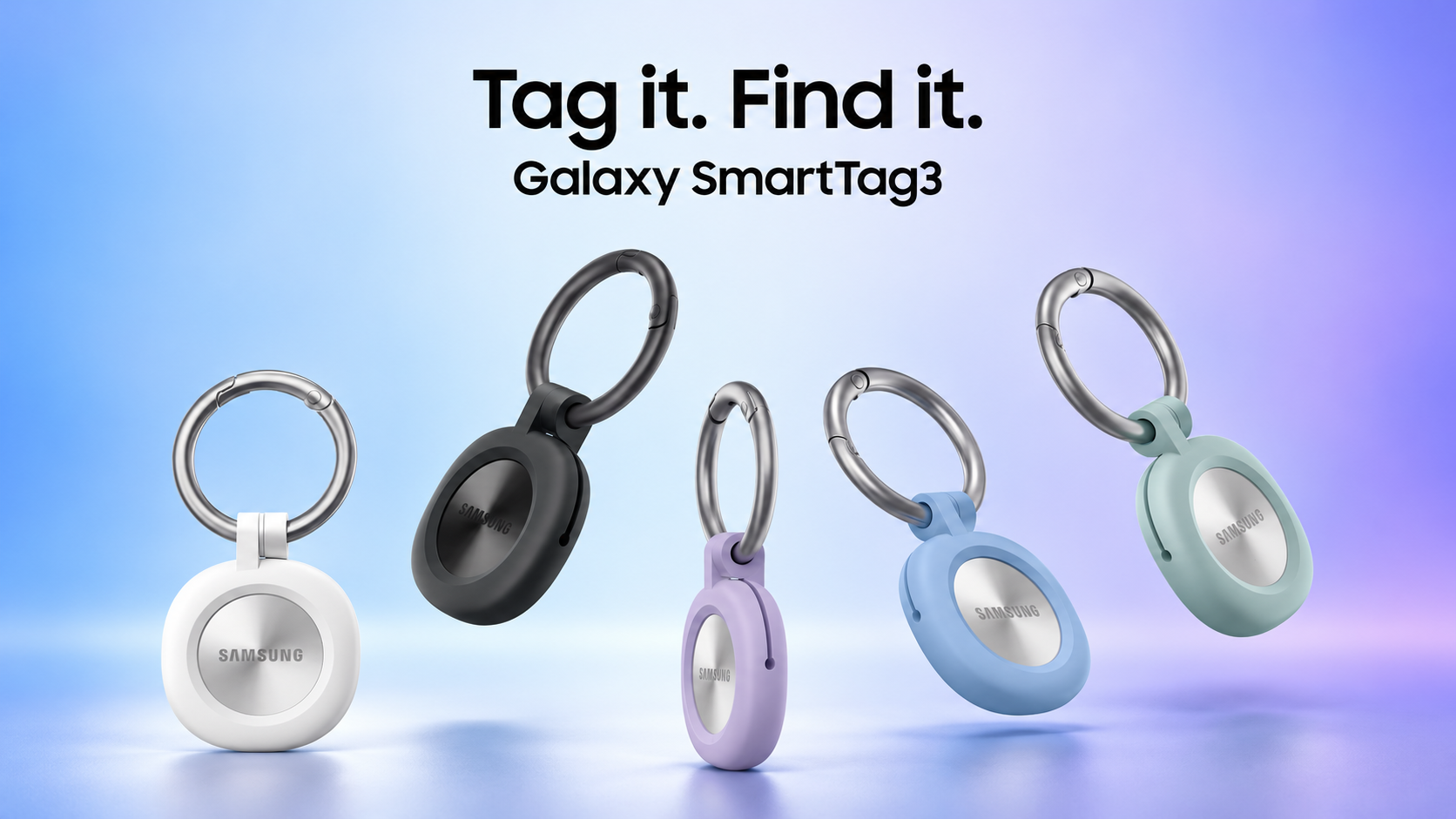 Samsung Galaxy SmartTag3 trackers in black, white, blue, purple and mint cases