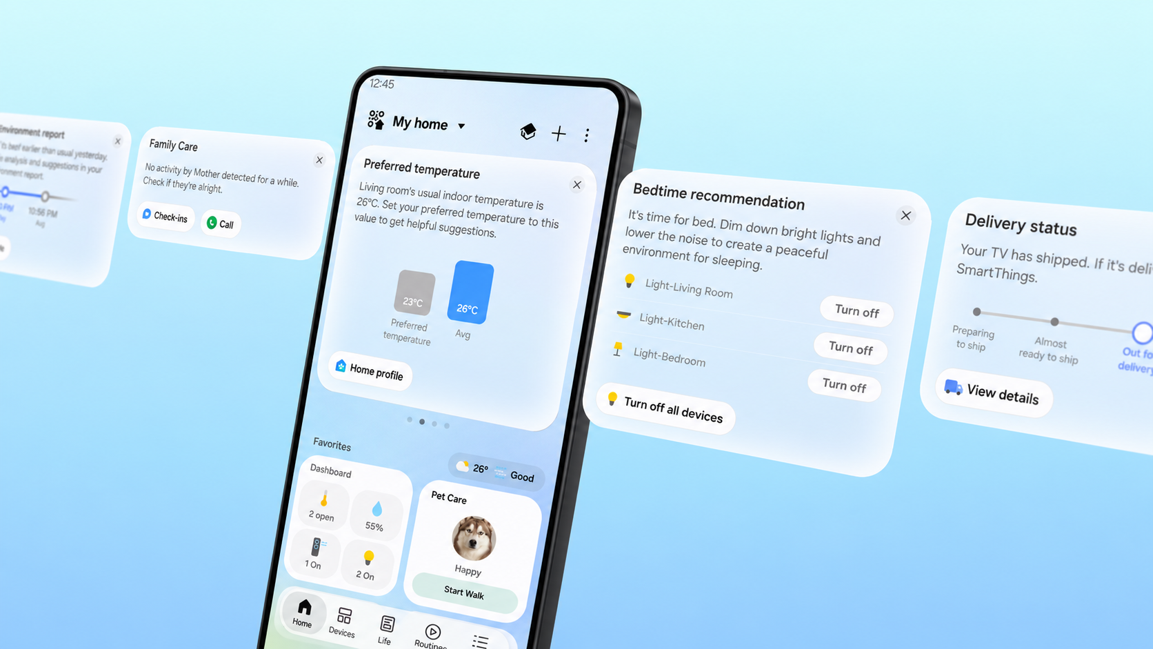 Samsung SmartThings Now cards for Family Care, temperature, bedtime and delivery status