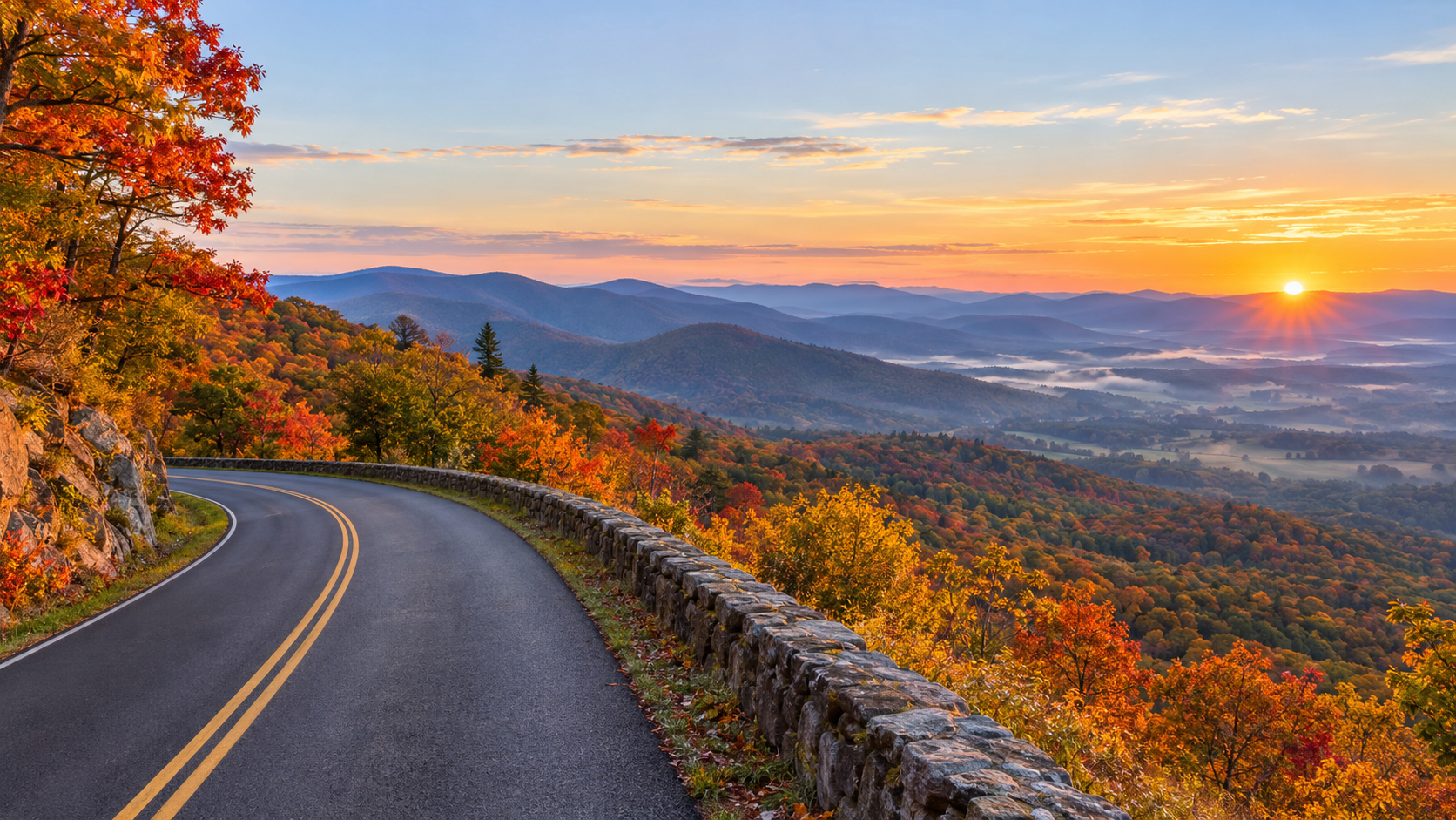 Skyline Drive curves through vivid autumn foliage above layered Blue Ridge mountains in Shenandoah National Park