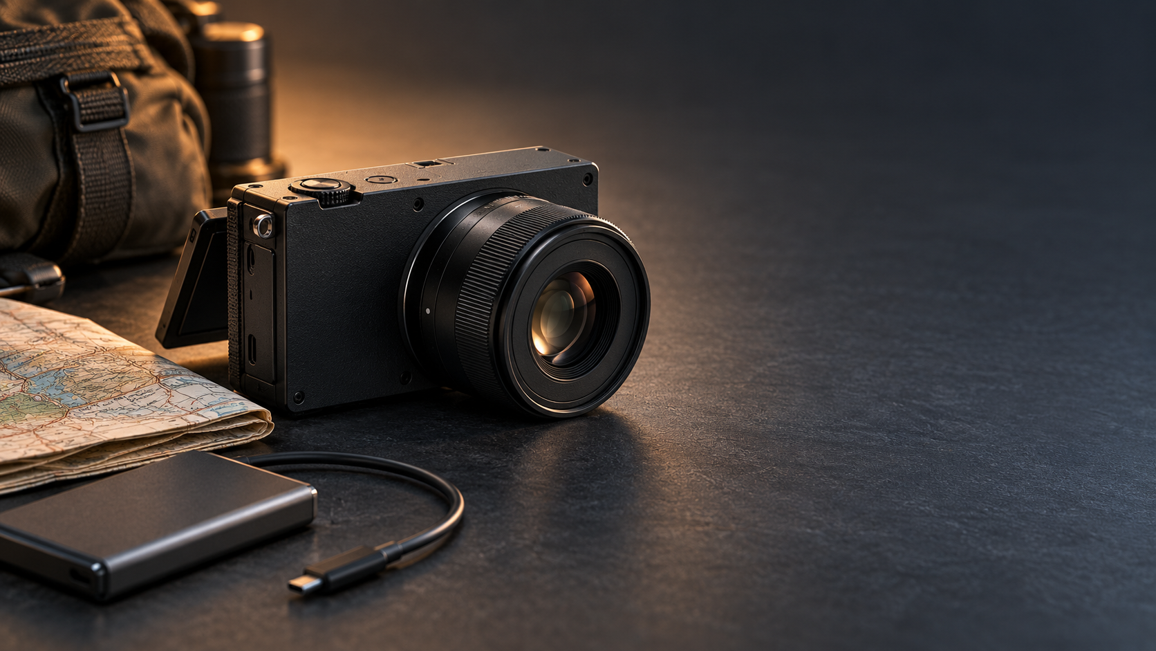 Compact black full-frame mirrorless camera with a small prime lens, travel map and external SSD cable