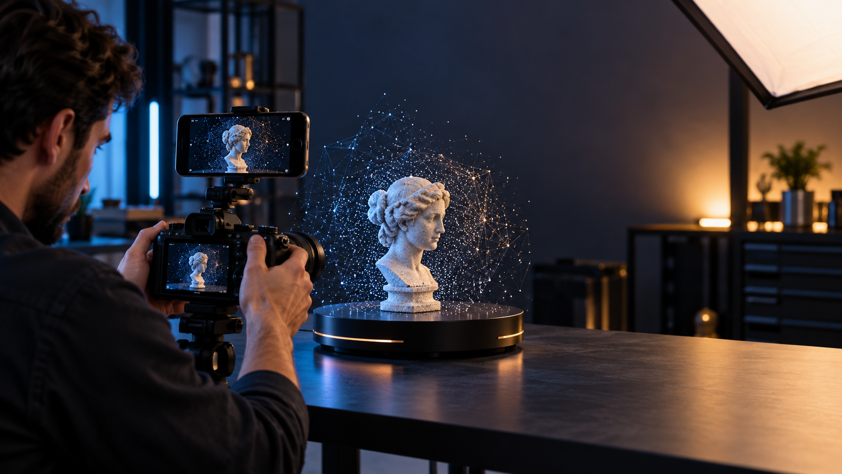 Creator uses a mirrorless camera and mounted smartphone to scan a sculpture into a glowing 3D spatial mesh
