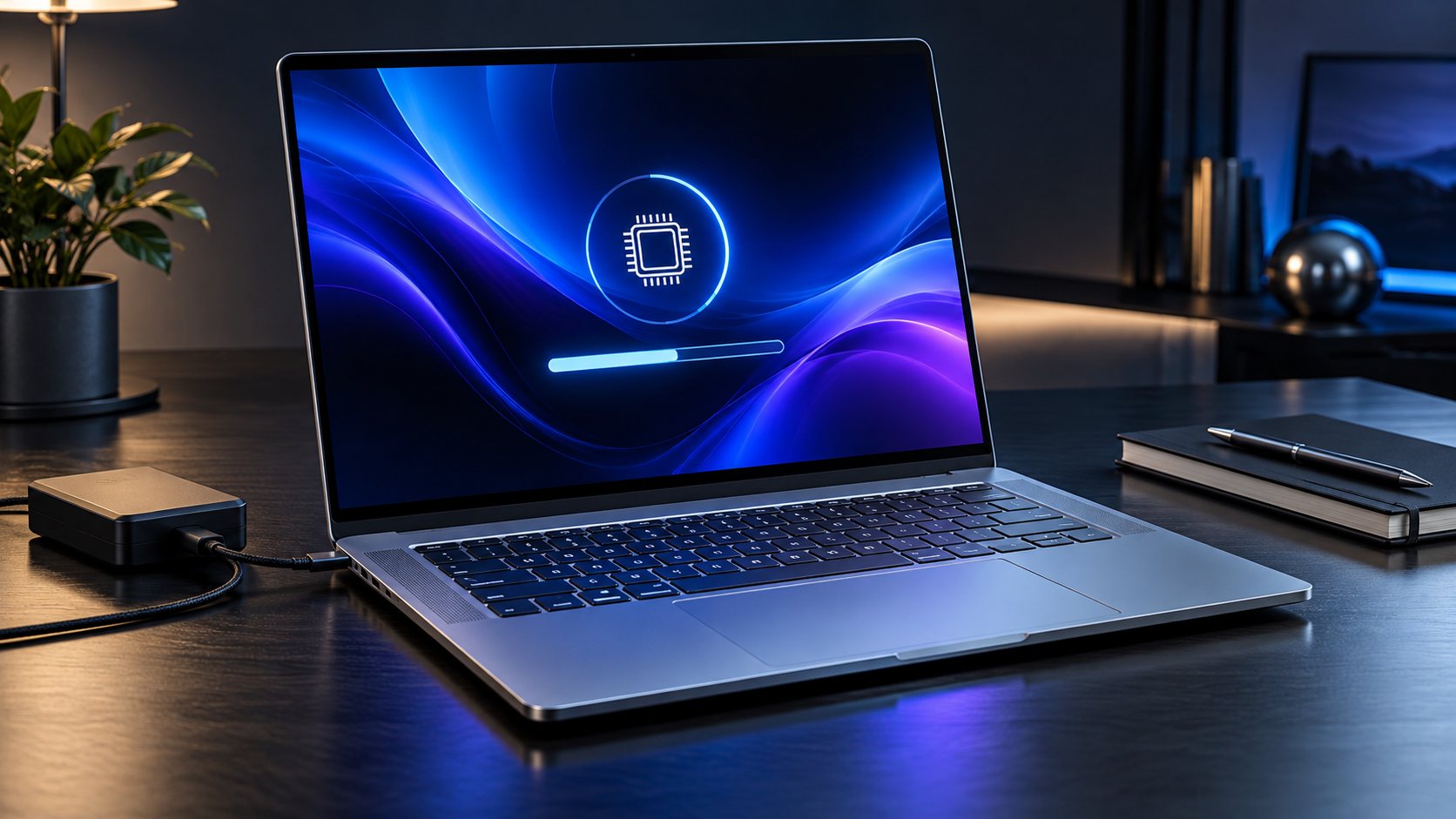 Premium silver workstation laptop installing a firmware update on a dark professional desk