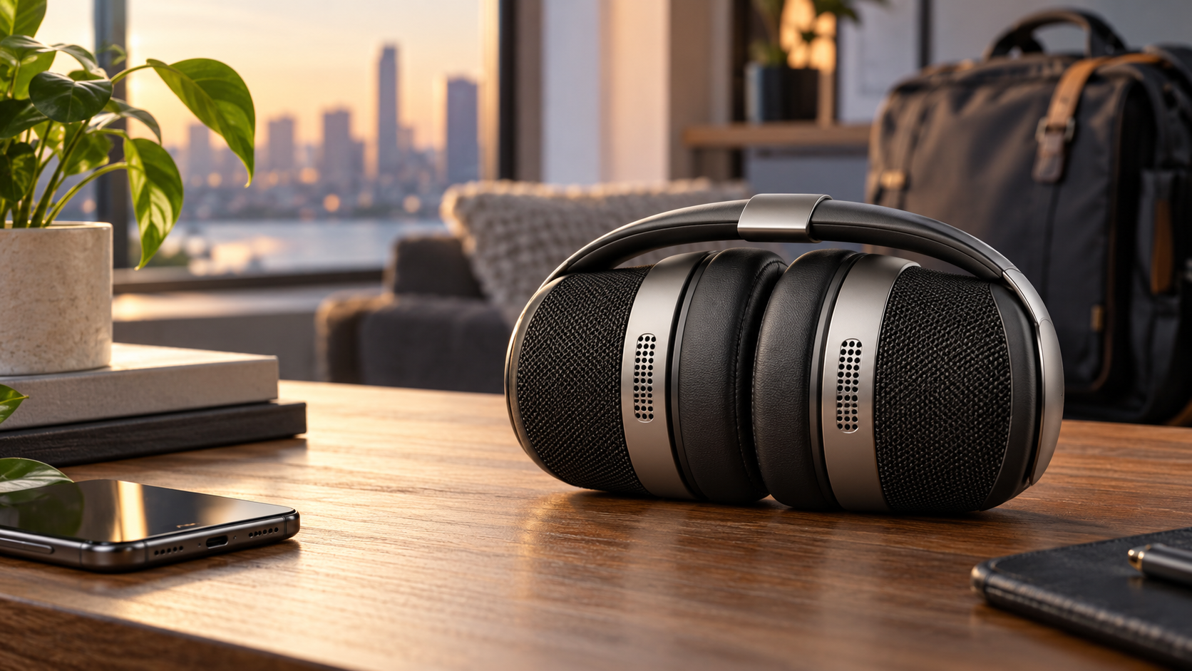 Editorial illustration of flexible hybrid headphones folded into a compact portable speaker on a modern desk