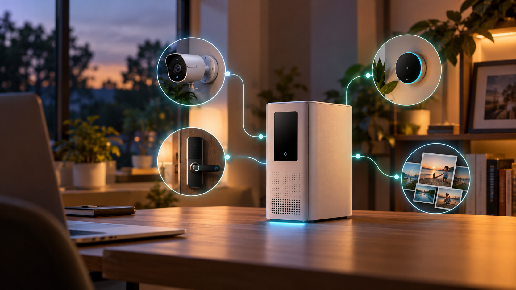 Editorial illustration of a white local-AI NAS hub connecting a home security camera, smart lock, thermostat and family photo library