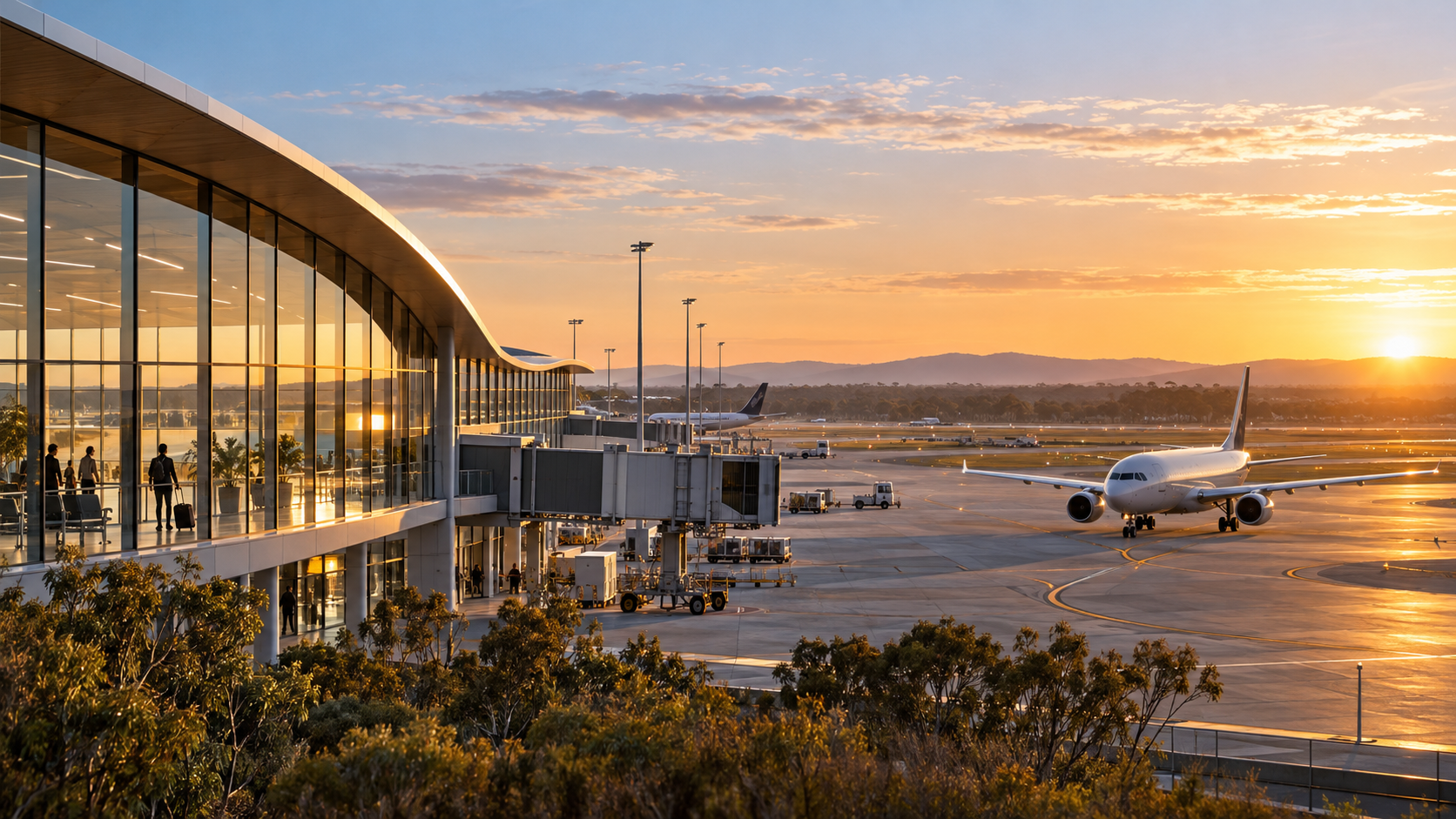 Passenger aircraft taxis beside a modern airport terminal at sunrise in an editorial illustration of Western Sydney International Airport