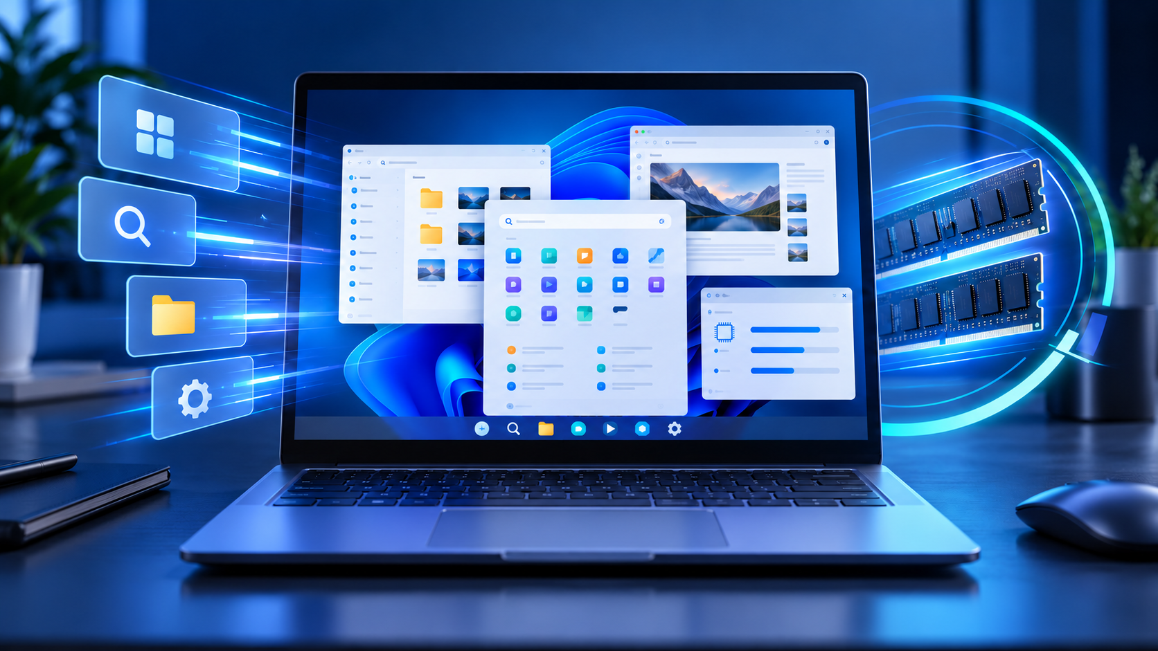 Windows 11 laptop surrounded by responsive app windows, memory modules and performance effects