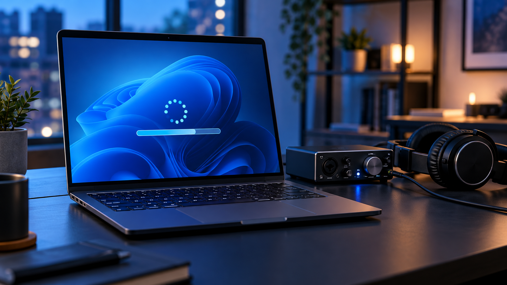 Windows 11 laptop installing KB5127648 beside a USB audio interface and headphones