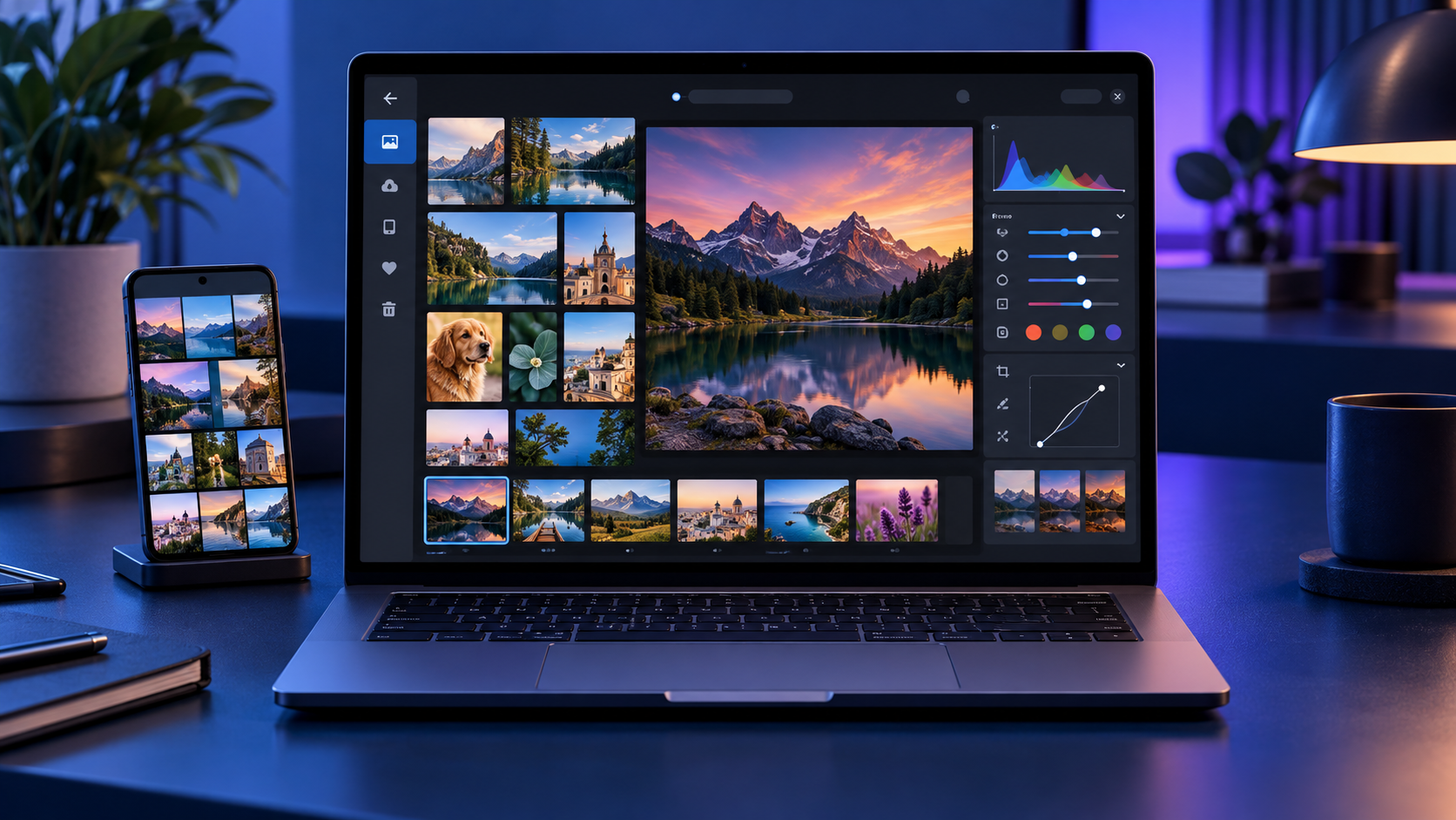 Windows 11 laptop showing redesigned Photos gallery and editor beside a synced smartphone